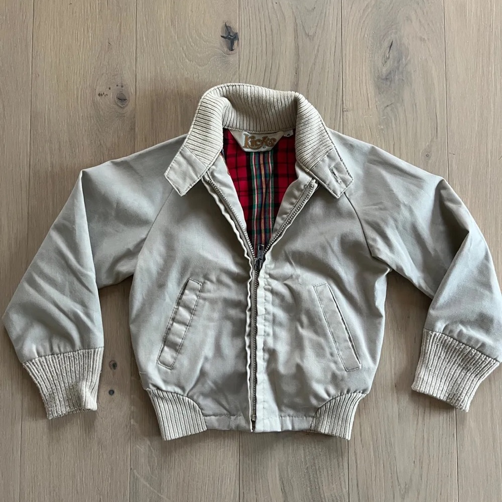 Vintage Kids Beige Bomber Jacket with Plaid Lining